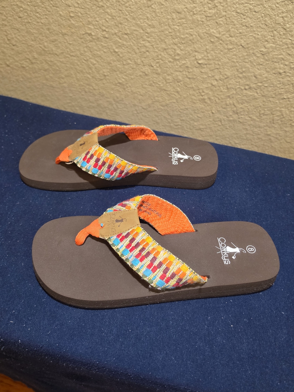 Corkys Women's Orange Multicolor Woven Strap Flip Flops - Picture 3 of 6